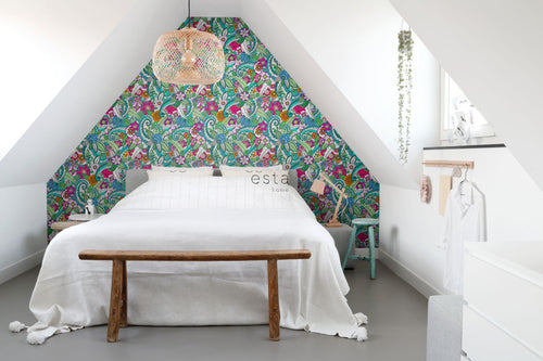 ESTAhome XXL behang bloemen mandala's roze, groen, oranje, paars en blauw - 50 x 900 cm - 158608