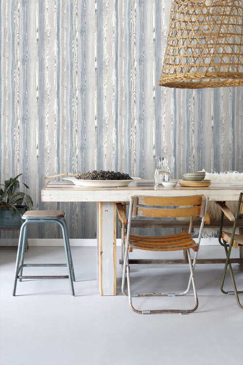 ESTAhome behang hout motief blauw en grijs - 53 cm x 10.05 m - 148626