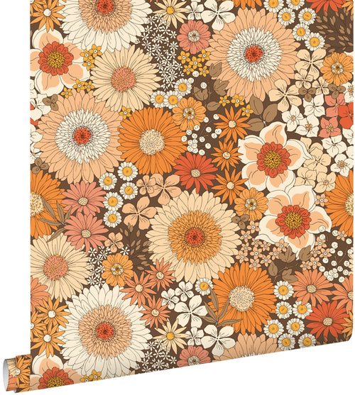 ESTAhome behang retro bloemen oranje en terracotta roze - 50 x 900 cm - 131318