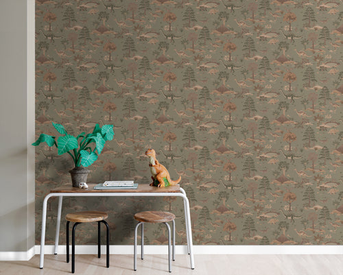 ESTAhome behang dinosaurussen vergrijsd groen en bruin - 50 x 900 cm - 131657