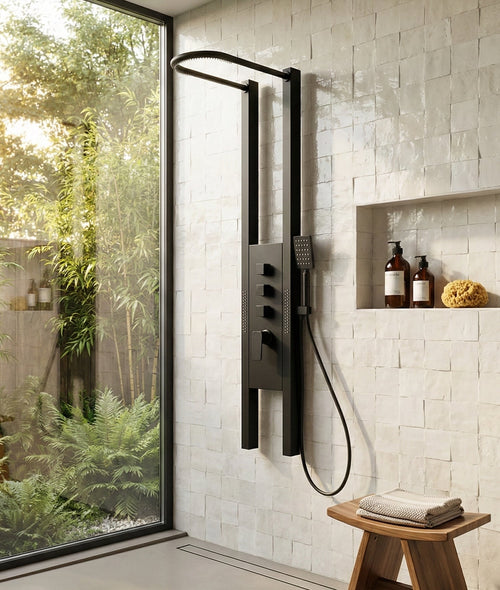Badplaats Douchepaneel Caspian 145 x 26 cm - Zwart - RVS Doucheset met Thermostaatkraan en Douchekop