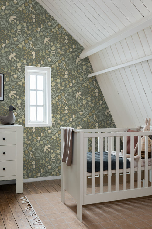 ESTAhome behang bloemen en vogels vergrijsd groen - 50 x 900 cm - 131465 - vtwonen shop