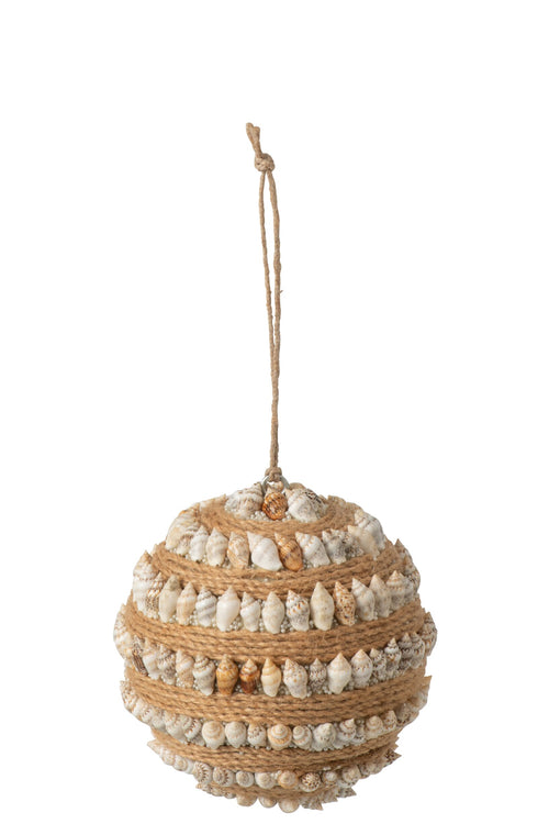J-Line kerstbal Touw + Schelp - kunststof - naturel/wit - 12 stuks