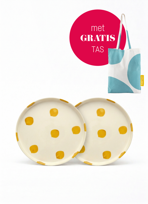 vtwonen -  Lunchbord - Stippen - Geel - Set van 2 - Keramiek - 20cm