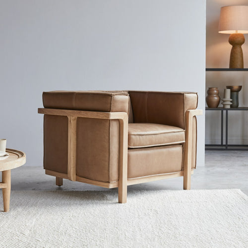 Tikamoon Fauteuil van massief eikenhout en Cheyenne leer - Bruin