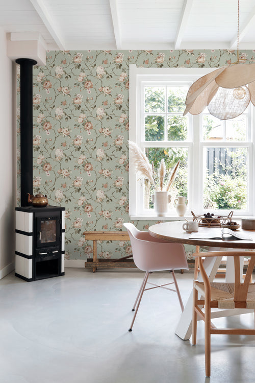 ESTAhome behang vintage bloemen vergrijsd mintgroen en zacht roze - 53 cm x 10.05 m - 139291 - vtwonen shop