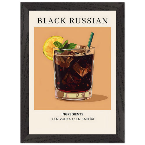 Artfulprints Poster met Lijst Black Russian cocktail - Ingrediënten   - A4 21x29.7 cm - Bruin
