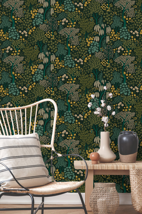 ESTAhome behang bomen en bloemen blauwgroen en geel - 50 x 900 cm - 131190 - vtwonen shop