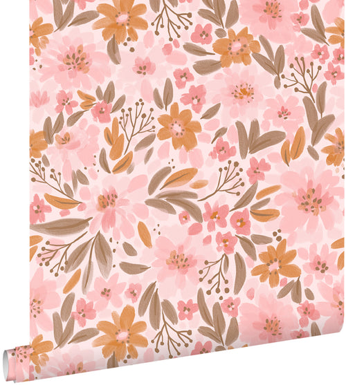 ESTAhome behang bloemen roze, oranje en vergrijsd groen - 50 x 900 cm - 130925 - vtwonen shop