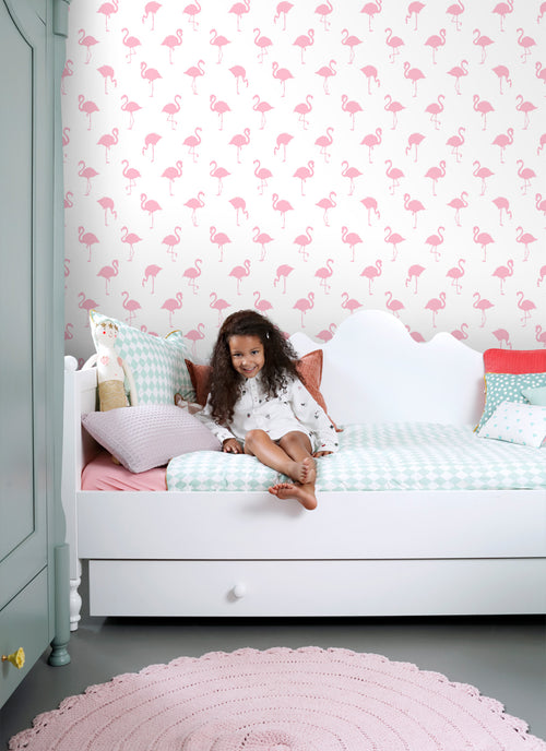 ESTAhome behang flamingo's roze en wit - 53 cm x 10.05 m - 138992