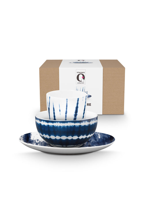 vtwonen - Tie dye Ontbijtset - Blauw, Wit - Porselein - Set van 3 - vtwonen shop