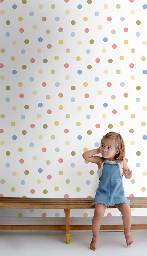 ESTAhome behang stip blauw, roze, groen en geel - 50 x 900 cm - 131620