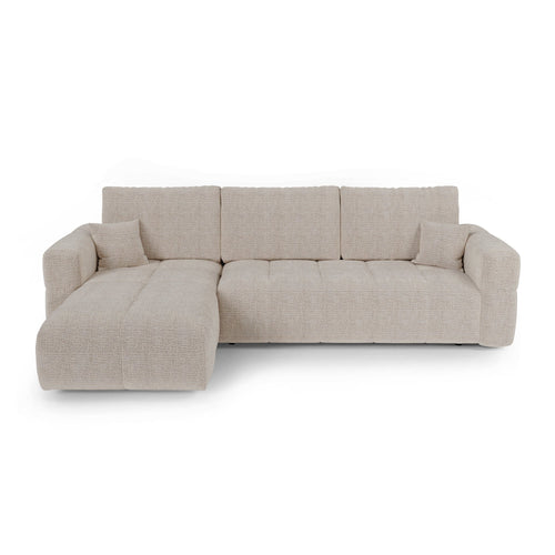 Premium Interiors - Linkshoekbank met slaapfunctie en opbergruimte VIBE - zacht aanvoelende geweven stof beige 286cm
