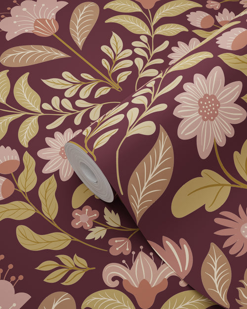 ESTAhome behang vintage bloemen donker paars en groen - 50 x 900 cm - 131894