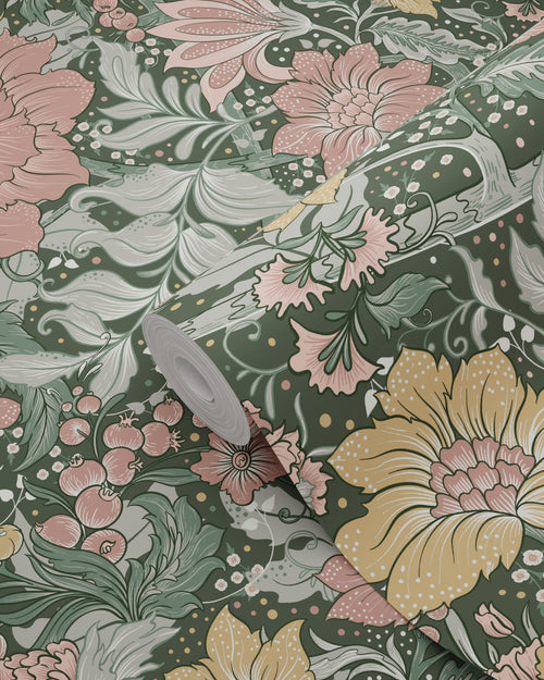ESTAhome behang vintage bloemen blauwgroen, oudroze en okergeel - 50 x 900 cm - 131198