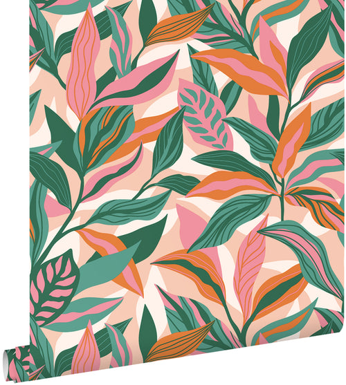 ESTAhome behang tropische bladeren turquoise, roze en oranje - 50 x 900 cm - 131044