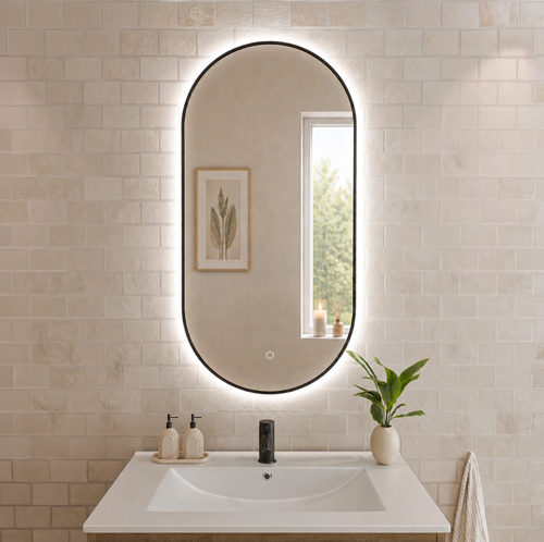 LOMAZOO badkamerspiegel Tanger - draaibaar - met LED verlichting & spiegelverwarming - ovaal - zwart - 100 x 50 cm