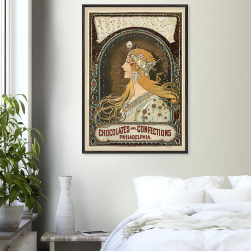 Artfulprints Poster met Lijst Alphonse Mucha - Chocolates and confections Philadelphia   - 30x40 cm - Bruin