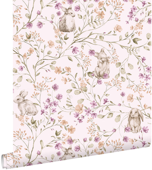 ESTAhome behang konijnen paars, groen en bruin - 50 x 900 cm - 131702