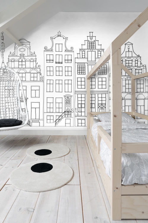 ESTAhome fotobehang getekende Amsterdamse grachtenhuisjes zwart en wit - 150 x 279 cm - 158833 - vtwonen shop