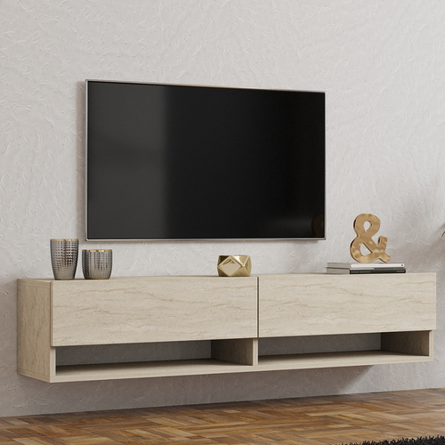 CALICOSY - Hangend tv-meubel met 2 klepdeuren ARGES - Beige - 30x141x31 cm
