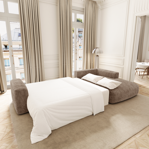 Premium Interiors - Rechthoekige hoekbank met slaapfunctie en opbergruimte COMO - kruisweefsel  zacht aanvoelend bruin 297cm