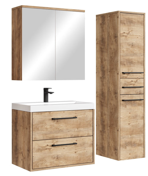 Badplaats Badkamermeubel Set Florence 60 cm – Kastanje Eiken – Hangend Badmeubel met Wastafel, Spiegelkast en Zijkast