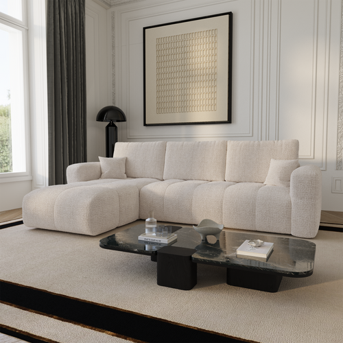 Premium Interiors - Linkshoekbank met slaapfunctie en opbergruimte VIBE - zacht aanvoelende geweven stof crème 286cm