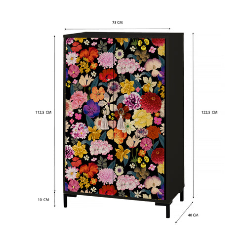 Buffet en MDF met 2 decoratieve deuren, motief zwart met multicolore bloemen WALTER - vtwonen shop