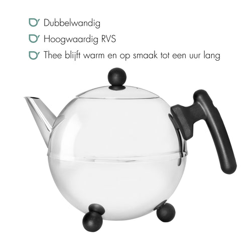 Bredemeijer - Duet® Bella Ronde – Dubbelwandige Theepot – 1,5 liter - RVS - Zwart beslag - vtwonen shop