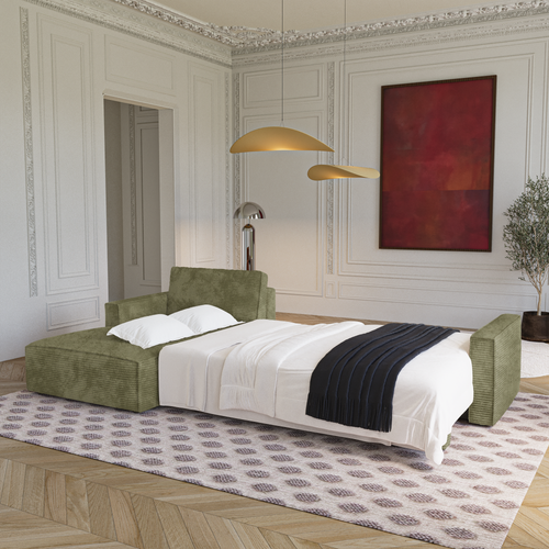 Premium Interiors - Linkshoekbank met slaapfunctie en opbergruimte  - corduroy olijfgroen 297cm