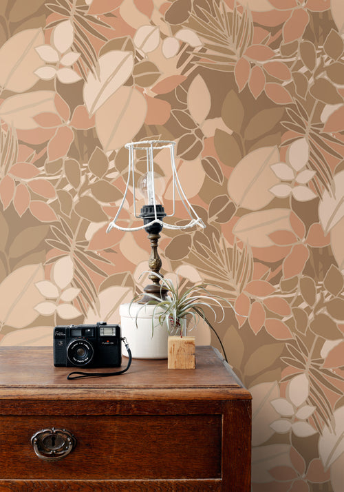 ESTAhome behang bladeren donker beige en terracotta roze - 50 x 900 cm - 139847 - vtwonen shop