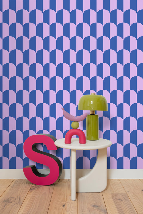 ESTAhome behang art deco bogen lila paars en koningsblauw - 53 cm x 10.05 m - 139983 - vtwonen shop