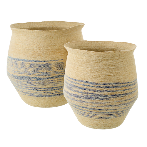 J-Line mand Gestreept - zeegras - naturel/blauw - set van 2