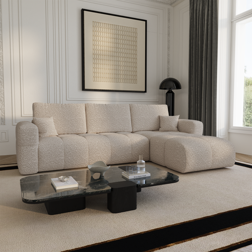 Premium Interiors - Rechthoekige hoekbank met slaapfunctie en opbergruimte VIBE - bouclé-stof beige 286cm