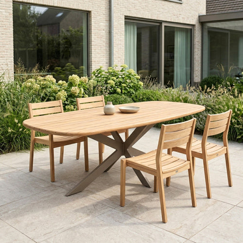 DÉJA Tuintafel Modena - Deens Ovaal, Naturel Acaciahout & Taupe Metaal - 220x110x77cm, Design Tafel voor 4-6 Personen, Weerbestendig & Duurzaam