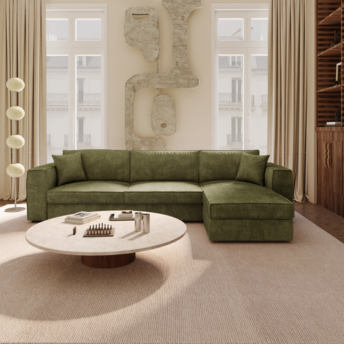 Premium Interiors - Rechthoekige hoekbank MIKA - zacht aanvoelende geweven stof vintage groen 292cm