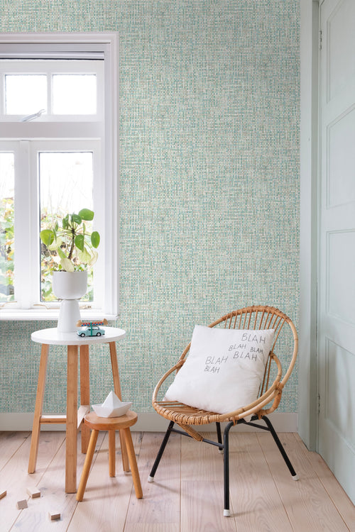 ESTAhome behang geweven linnenstructuur vergrijsd mintgroen - 53 cm x 10.05 m - 148662