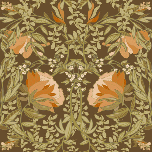 ESTAhome behang vintage bloemen in art nouveau stijl groen en oranje - 50 x 900 cm - 131730