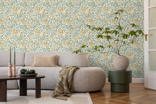 ESTAhome behang bloemen turquoise en okergeel - 50 x 900 cm - 131031 - vtwonen shop