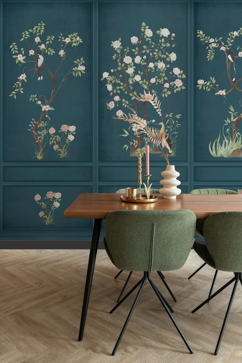 Sanders & Sanders fotobehang bloemen en vogels petrolblauw - 318 x 280 cm - 640808