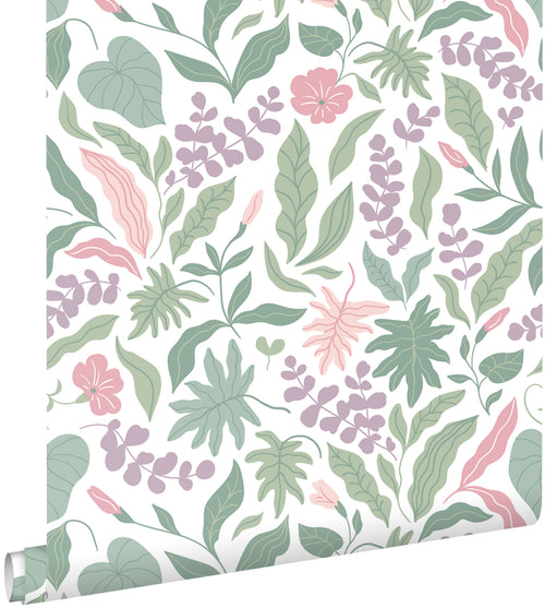 ESTAhome behang bladeren en bloemen paars, roze en groen - 50 x 900 cm - 131049 - vtwonen shop
