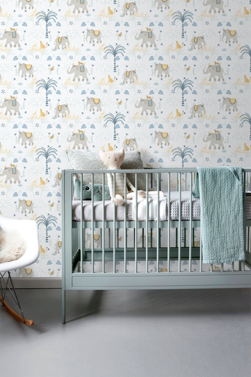 Sanders & Sanders behang olifanten blauw, grijs en wit - 53 cm x 10.05 m - 640627