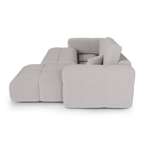Premium Interiors - Rechthoekige hoekbank met slaapfunctie en opbergruimte VIBE - bouclé-stof lichtgrijs 286cm