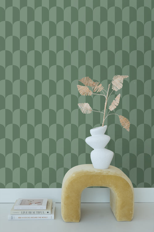 ESTAhome behang art deco bogen vergrijsd groen - 50 x 900 cm - 139989 - vtwonen shop