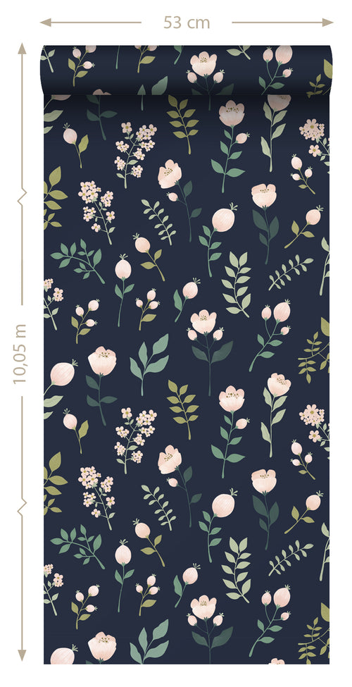 ESTAhome behang bloemen donkerblauw, roze en groen - 53 cm x 10.05 m - 139341
