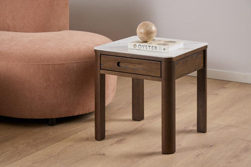 Rebellenclub  Leda Bijzettafel - 45 x 45 cm - Marmerlook / Gerookt Eiken
