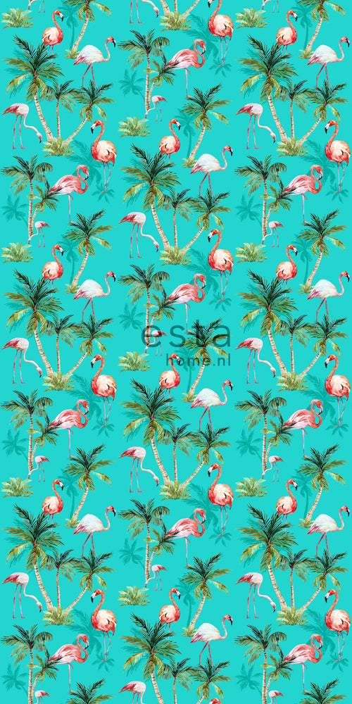 ESTAhome XXL behang flamingos turquoise, groen en roze - 50 x 900 cm - 158609