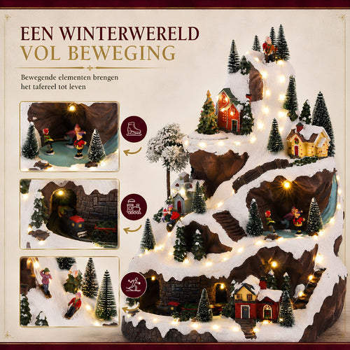Luville Kerstdorp Miniatuur Skipiste - Kerstversiering met Ronddraaiende Kerstboom en Rijdend Treintje - Kerst Decoratie met Verlichte Huisjes -