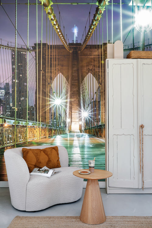 Sanders & Sanders fotobehang Brooklyn Bridge New York paars, groen en bruin - 375 x 270 cm - 600544